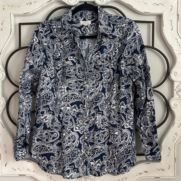 CHARTER CLUB 100% LINEN LONG SLEEVE BLOUSE BLUE/WHITE SIZE PETITE LARGE - Picture 1 of 11
